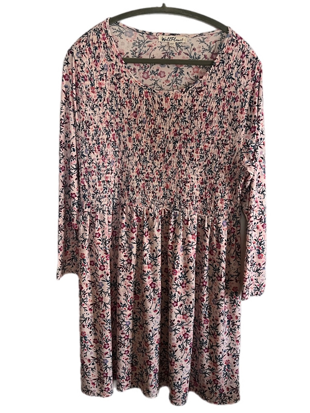 Wildflowers Plus Pink & Navy Floral Smocked Long Sleeve Midi Dress Cottagecore